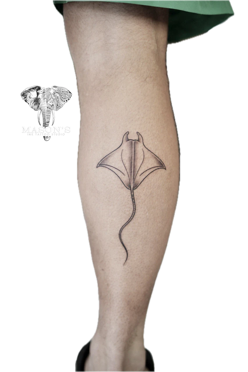 Fine Line Black and Grey Manta Tattoo Design by Mason's Ink Tattoo Studio, Bali