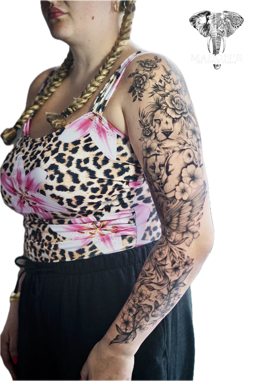 Floral Black and Grey Tattoo by Mason's Ink Tattoo Studio, Bali