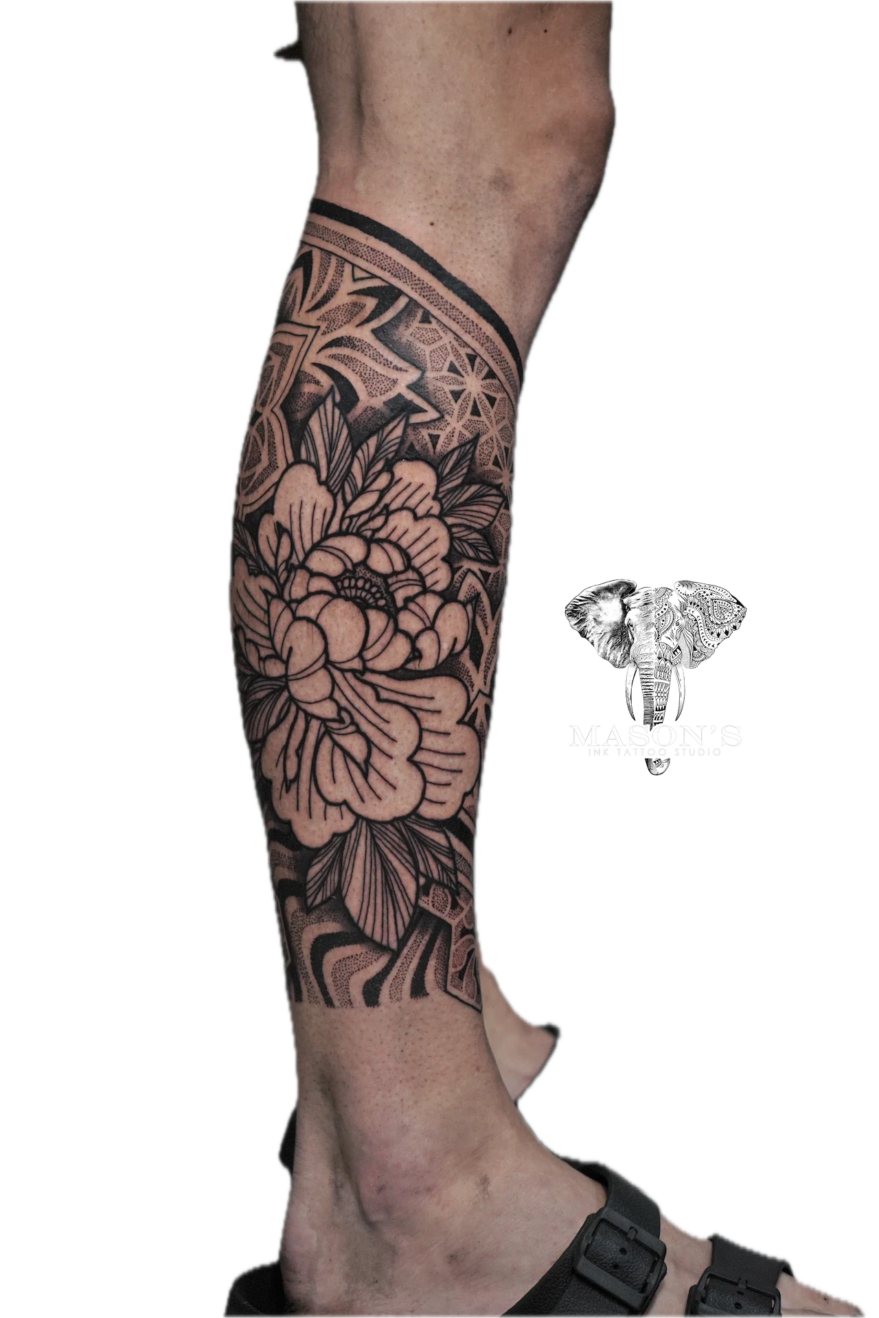 Flower Black work tattoo by Mason's Ink Tattoo Studio, Bali