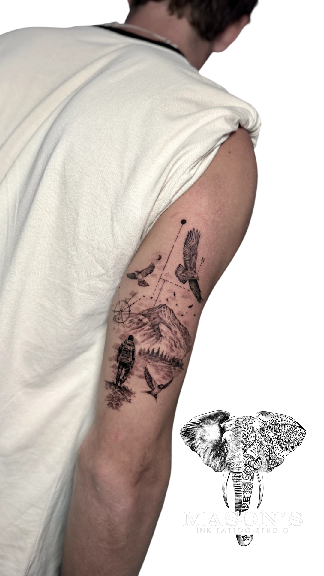 Geometry Realism Black and Grey tattoo by Mason's Ink Tattoo Studio, Bali