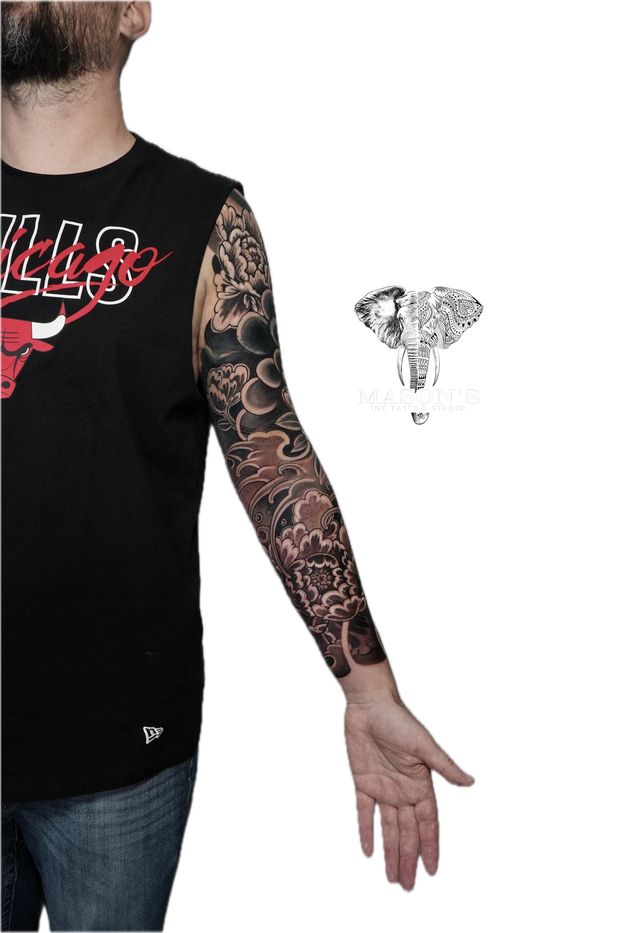 Black and Grey Japanese Tattoo Design: Intricate mandala and floral pattern full sleeve tattoo