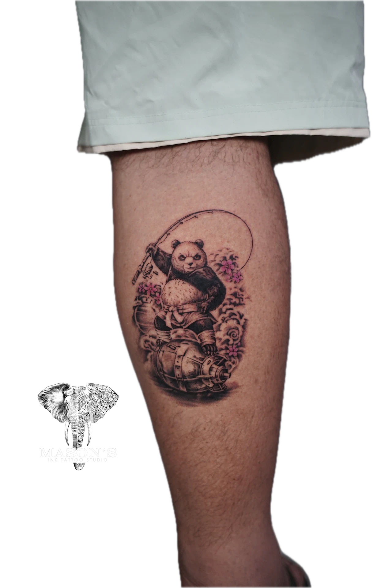 Kung Fu Panda Floral Realism Tattoo Design by Mason's Ink Tattoo Studio, Bali