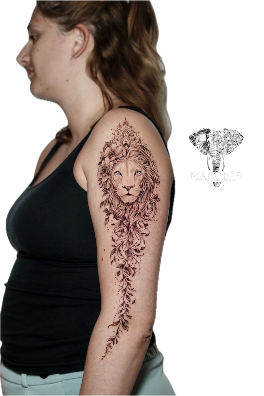 Lion and Floral Black and Grey Tattoo Design - Black & Grey tattoo by Mason's Ink Tattoo Studio, Bali