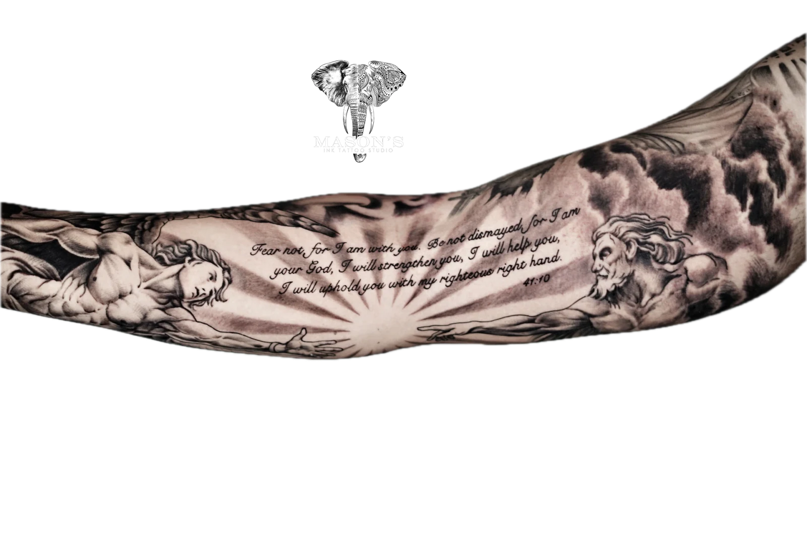 Mythology Realism Black and Grey Angel and Gods Tattoo by Mason's Ink Tattoo Studio, Bali
