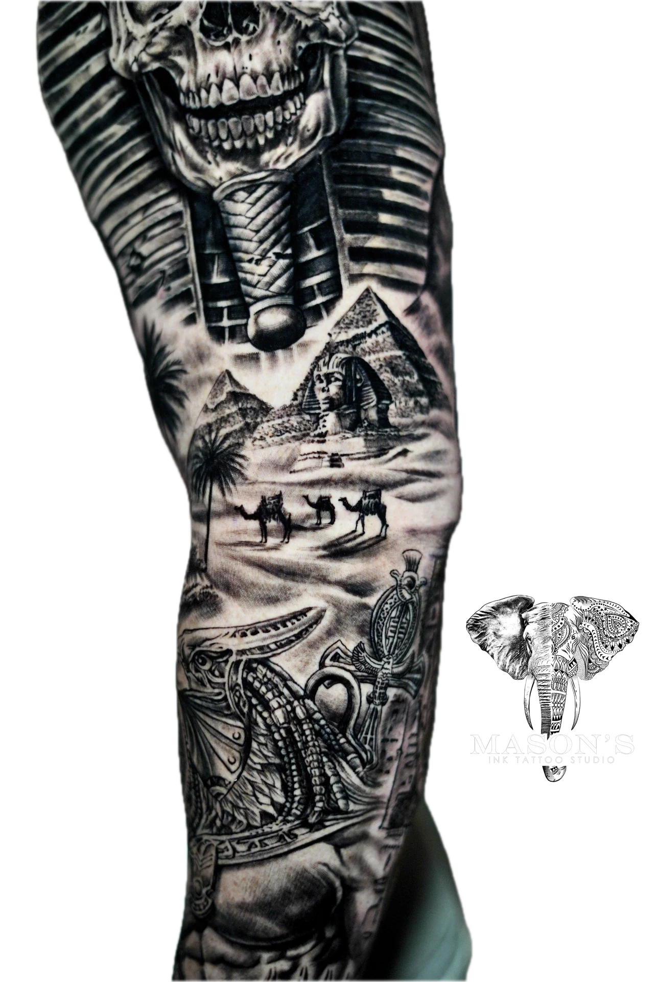 Mythology Realism Black and Grey Egypt Pyramid Kingdom tattoo by Mason's Ink Tattoo Studio, Bali