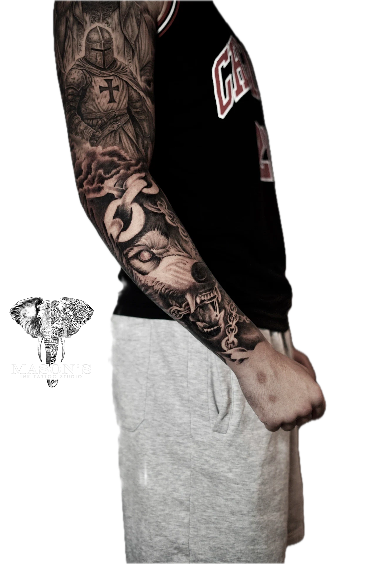 Mythology Realism Black and Grey Tattoo with Script by Mason's Ink Tattoo Studio, Bali