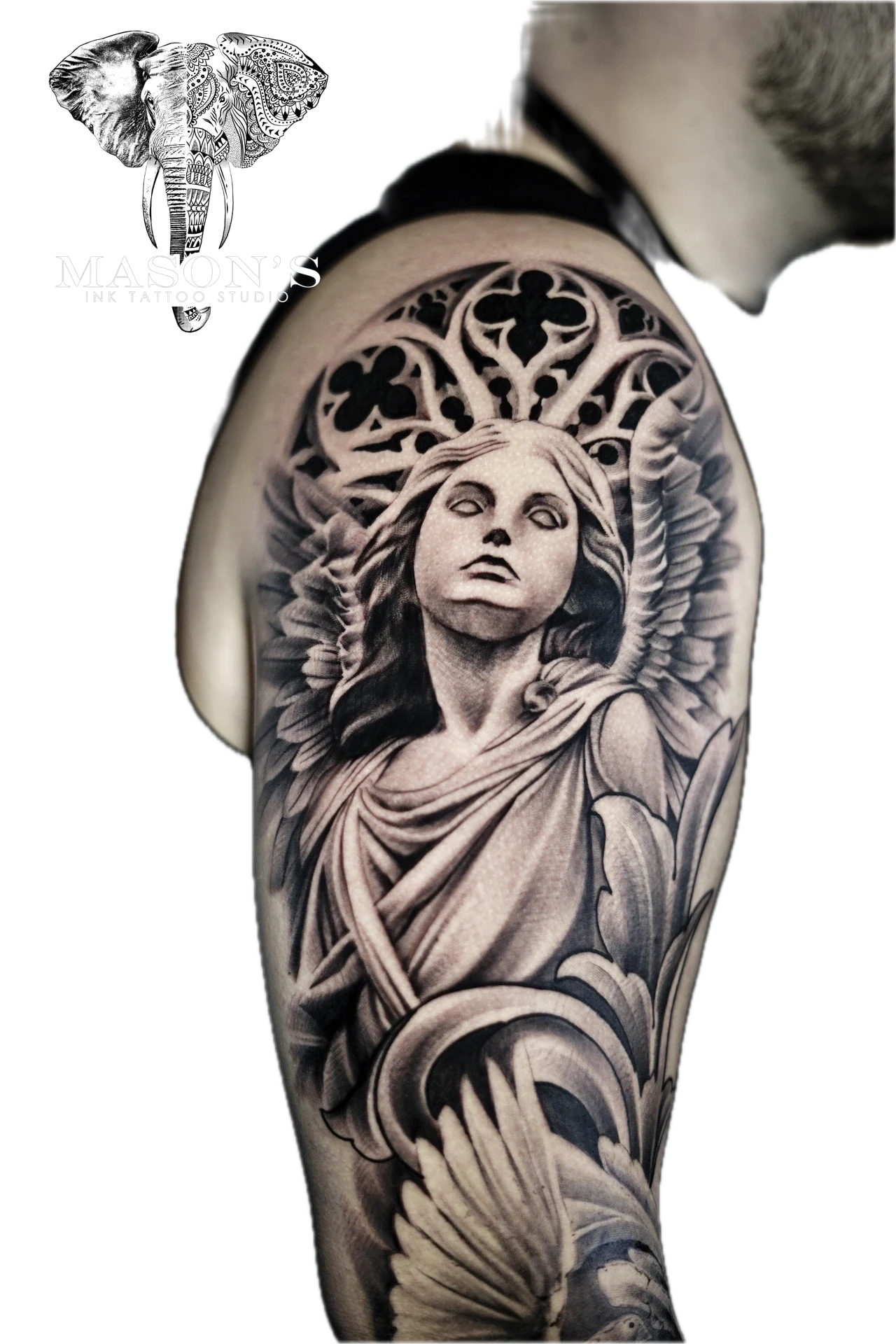 Mythology Realism with Black And Grey Tattoo Angel by Mason's Ink Tattoo Studio, Bali
