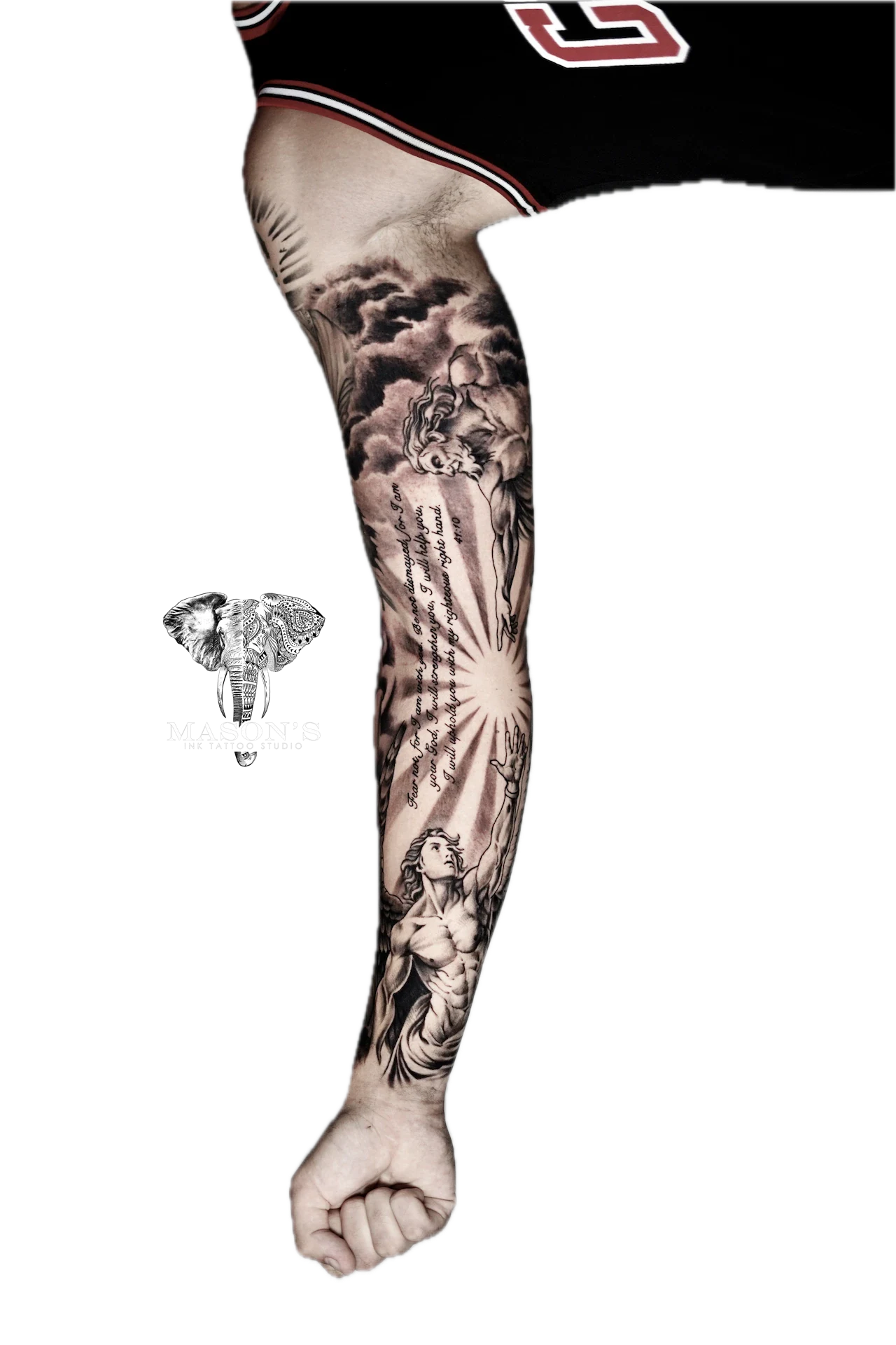 Mythology Realistic Black and Grey with Script Tattoo by Mason's Ink Tattoo Studio, Bali