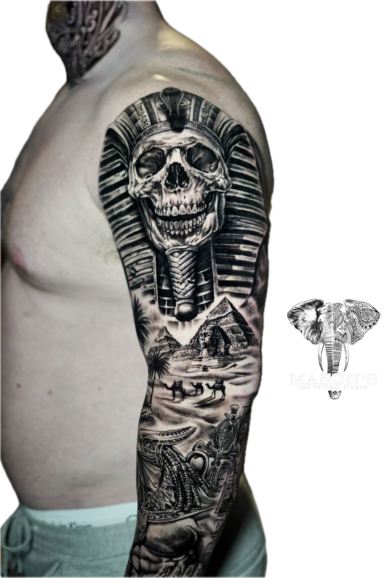Realism, Black & Grey, Mythology Realism Mummy in Egypt Pyramid Tattoo by Mason's Ink Tattoo Studio, Bali