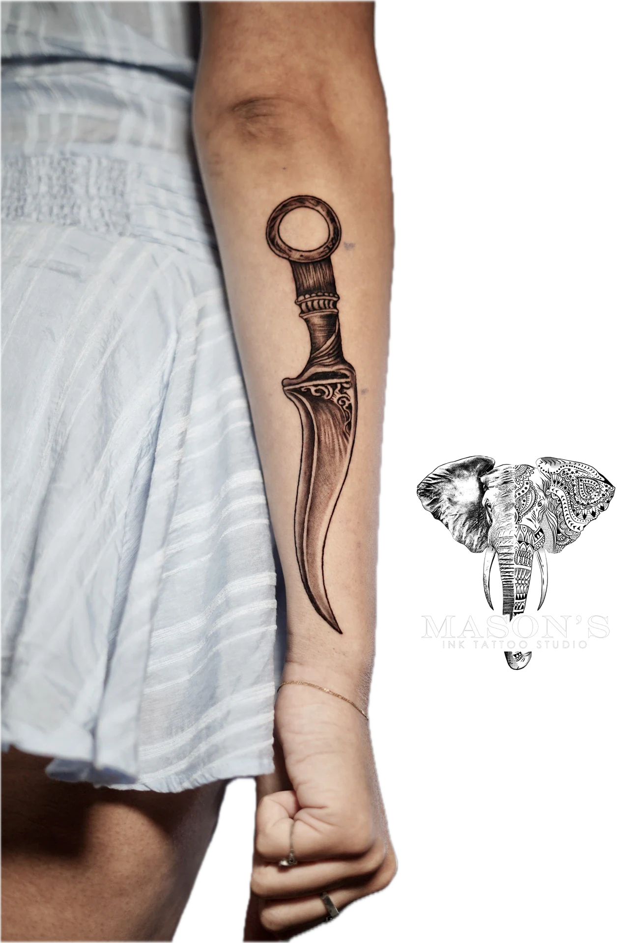 Realism Black and Grey Knife Tattoo by Mason's Ink Tattoo Studio, Bali