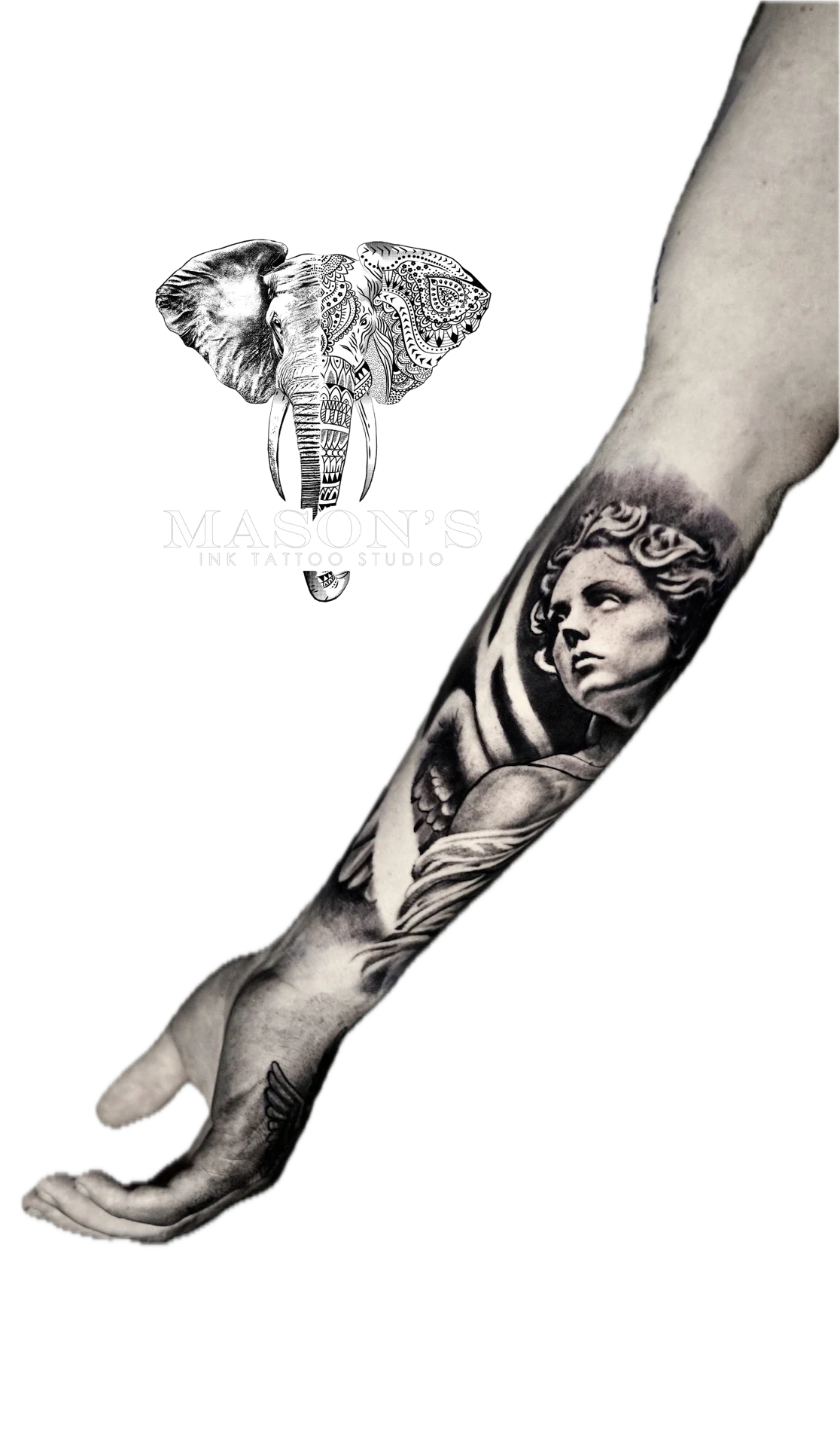 Realism Black and Grey Roman Tattoo by Mason's Ink Tattoo Studio, Bali