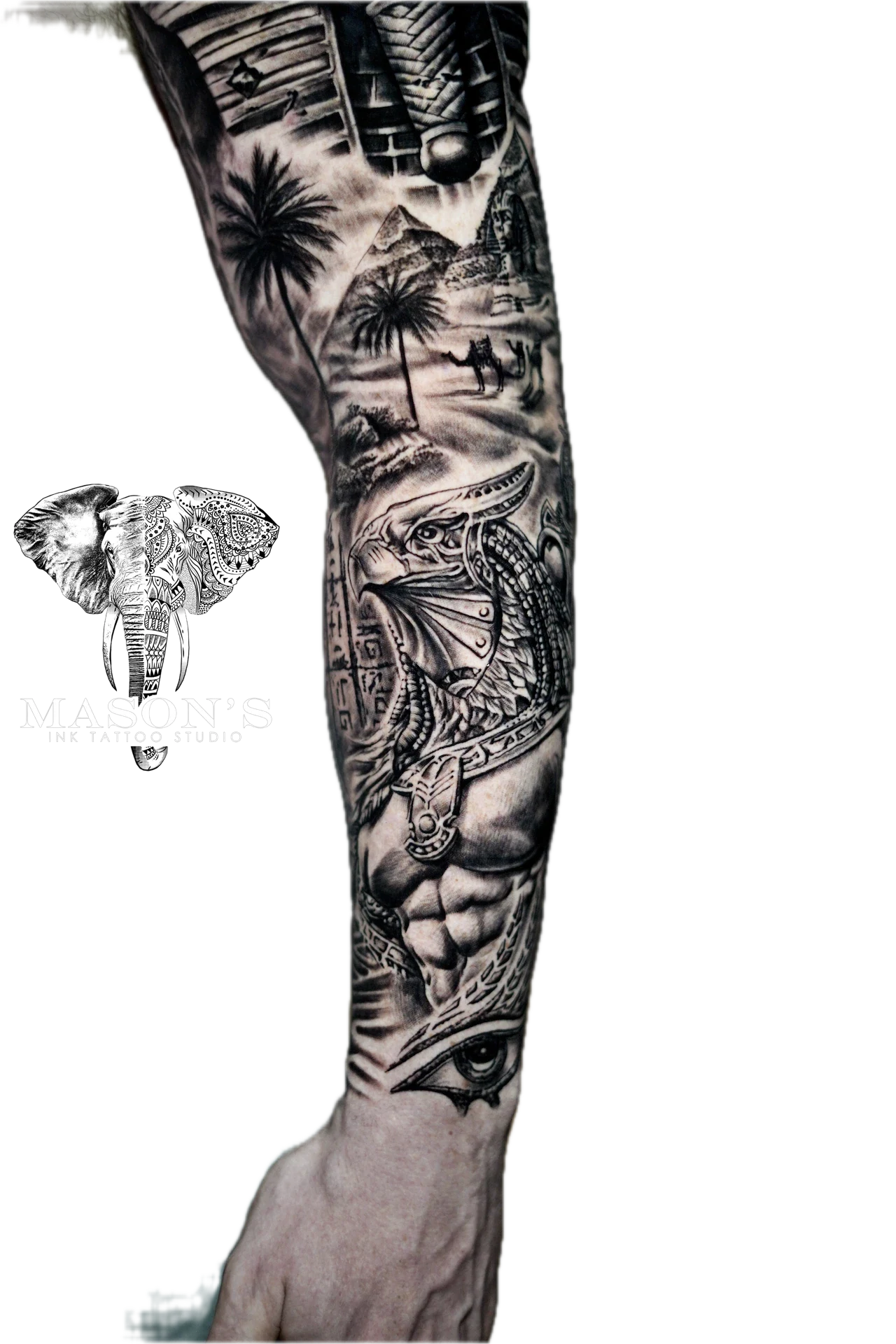 Realism Black and Grey Tattoo Mythology Realistic God Horus Egypt Pyramid by Mason's Ink Tattoo Studio, Bali