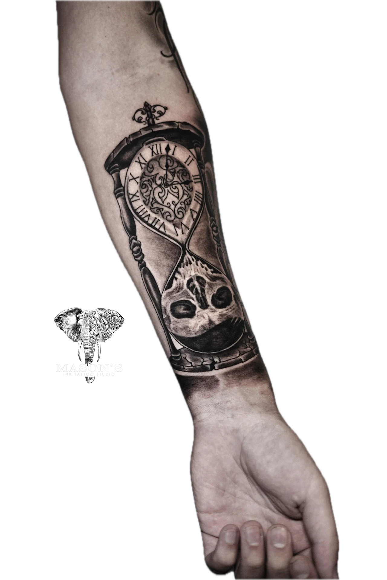 Realism Black and Grey Tattoo Sand Clock with Skull and Antiques Clock by Mason's Ink Tattoo Studio, Bali