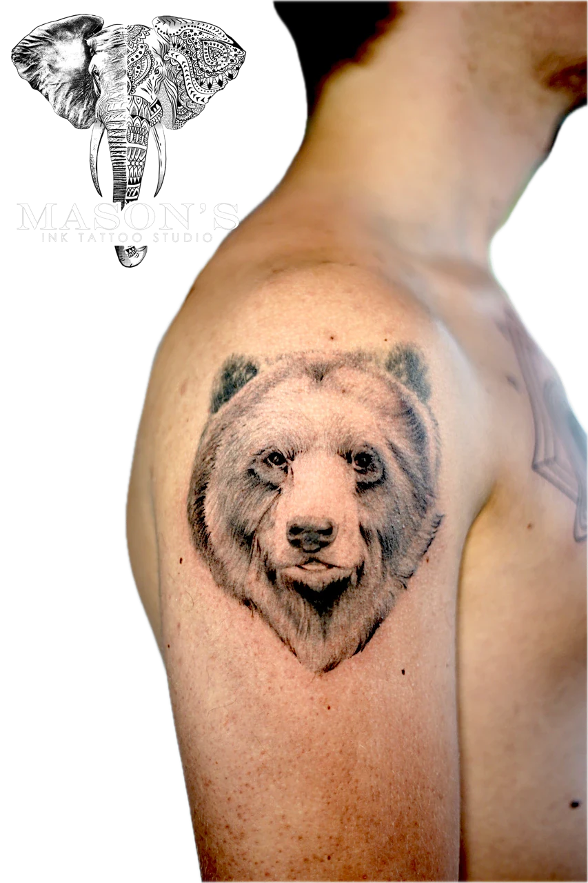 Realism Black and Grey Tattoo Style Bear Face by Mason's Ink Tattoo Studio, Bali