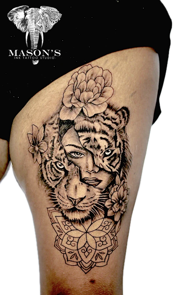 Realism Black and Grey Tattoo Style Tiger and She with Flower by Mason's Ink Tattoo Studio, Bali