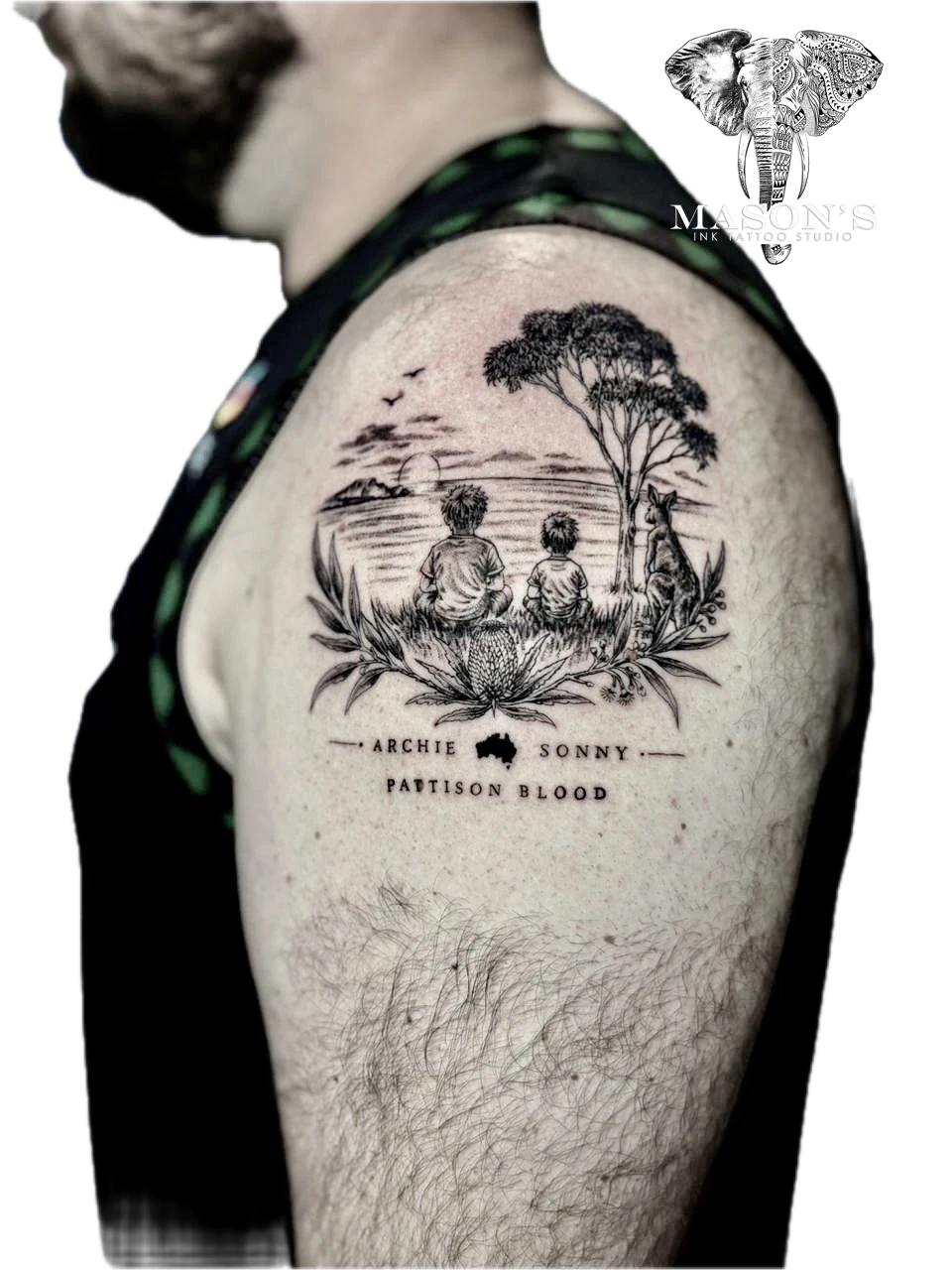 Realism Black and Grey View Tattoo with Script - Black & Grey tattoo by Mason's Ink Tattoo Studio, Bali