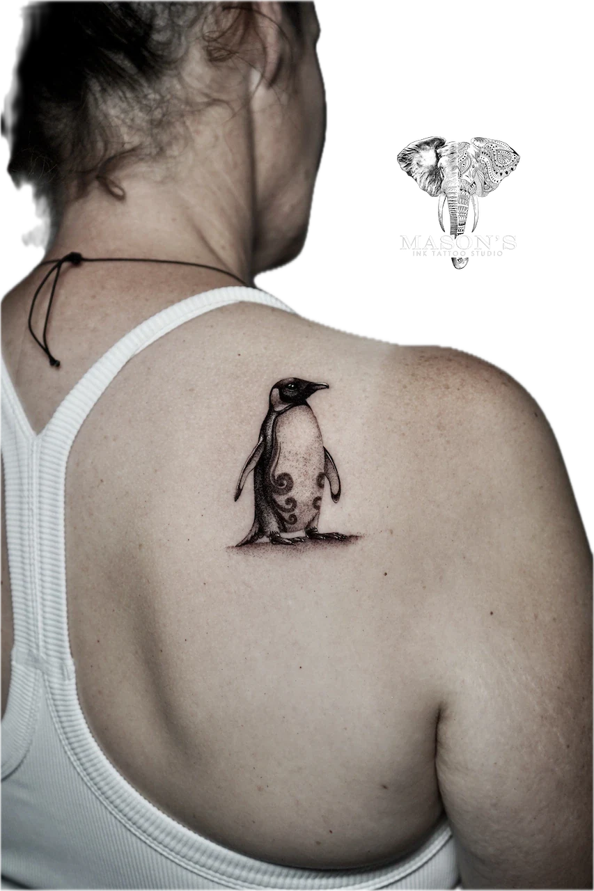 Realism Penguin Tattoo Design in Black and Grey - Black & Grey tattoo by Mason's Ink Tattoo Studio, Bali