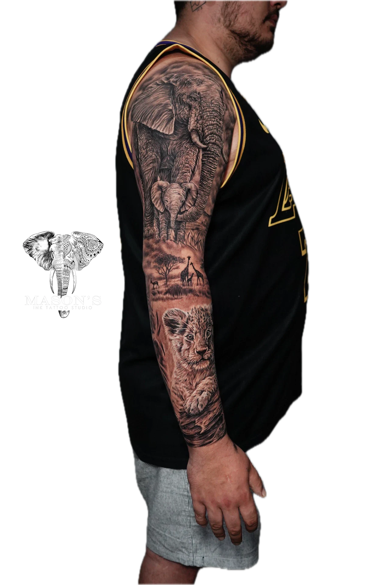 Black and Grey Realism Tattoo Design: Detailed wildlife scene with elephants and lions on a full sleeve