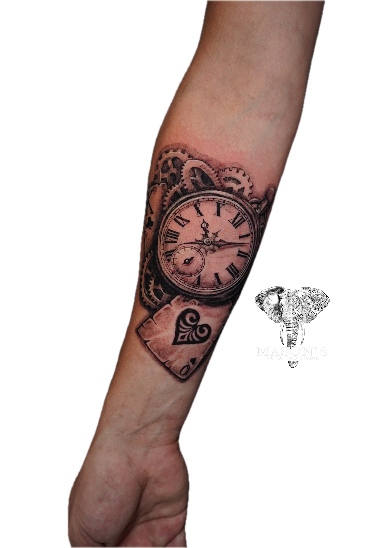 Black and Grey Realism Tattoo Design: a detailed clock and gears tattoo on the forearm