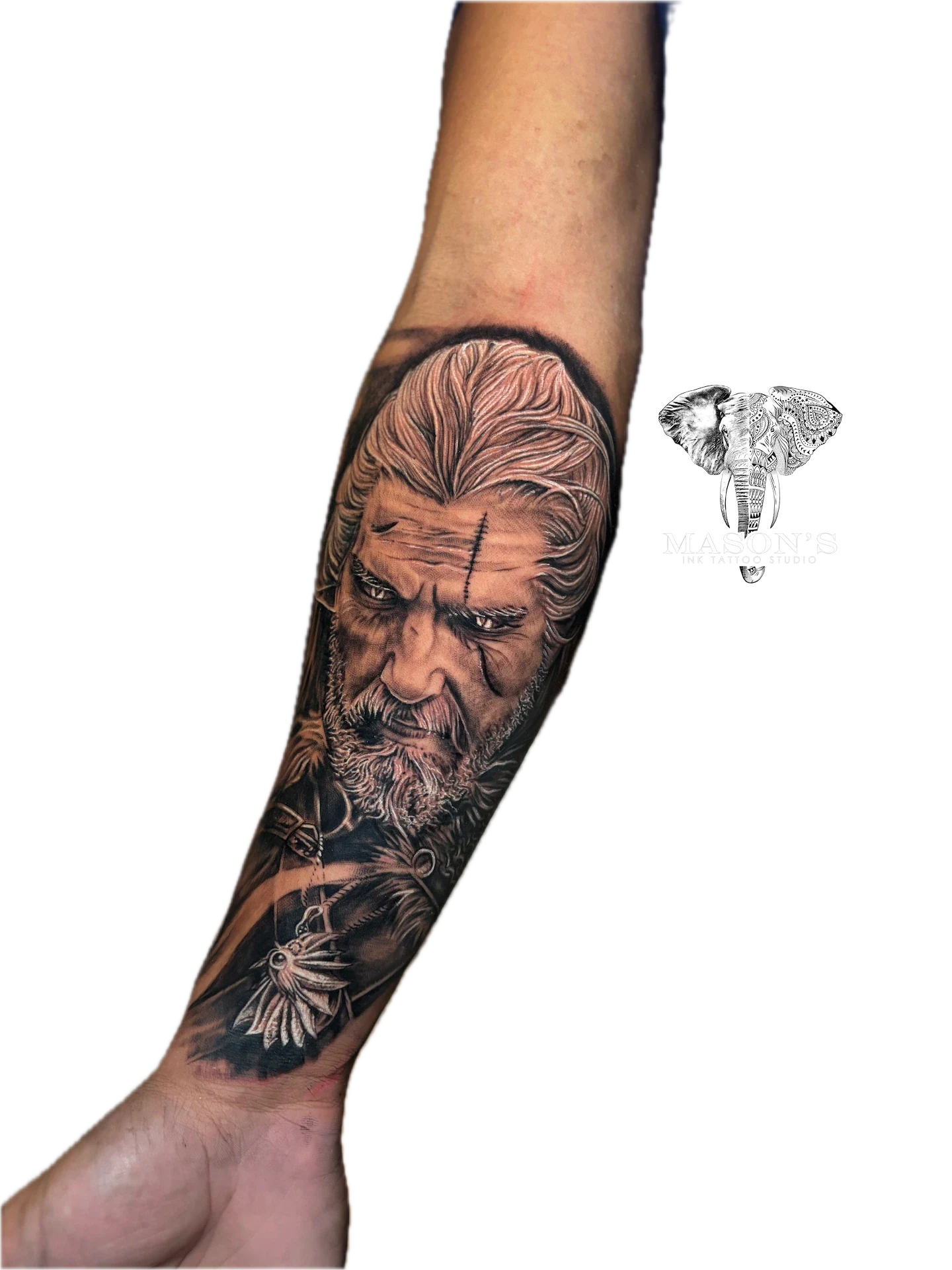 Black and Grey Realism Tattoo Design: a detailed portrait of an old man with a moon and owl on the forearm