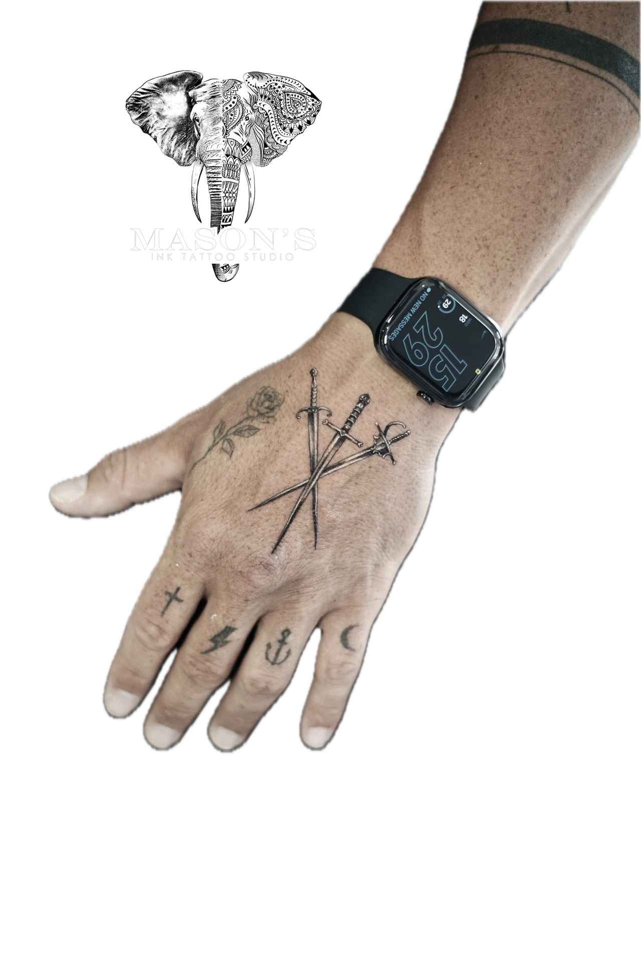 Black and grey Swords tattoo by Mason's Ink Tattoo Studio, Bali