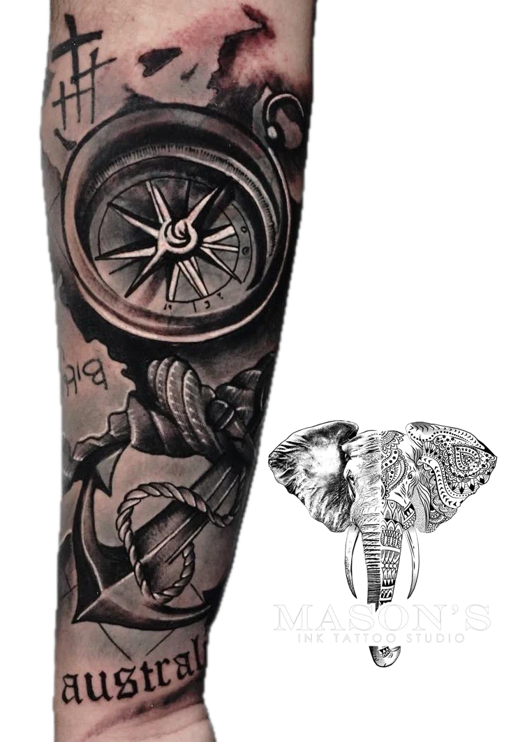 3d Compass Realism tattoo by Mason's Ink Tattoo Studio, Bali