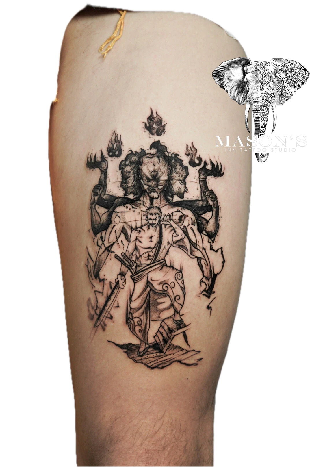 Black And Grey & Japanese - Anime Zoro One Piece tattoo by Mason's Ink Tattoo Studio, Bali