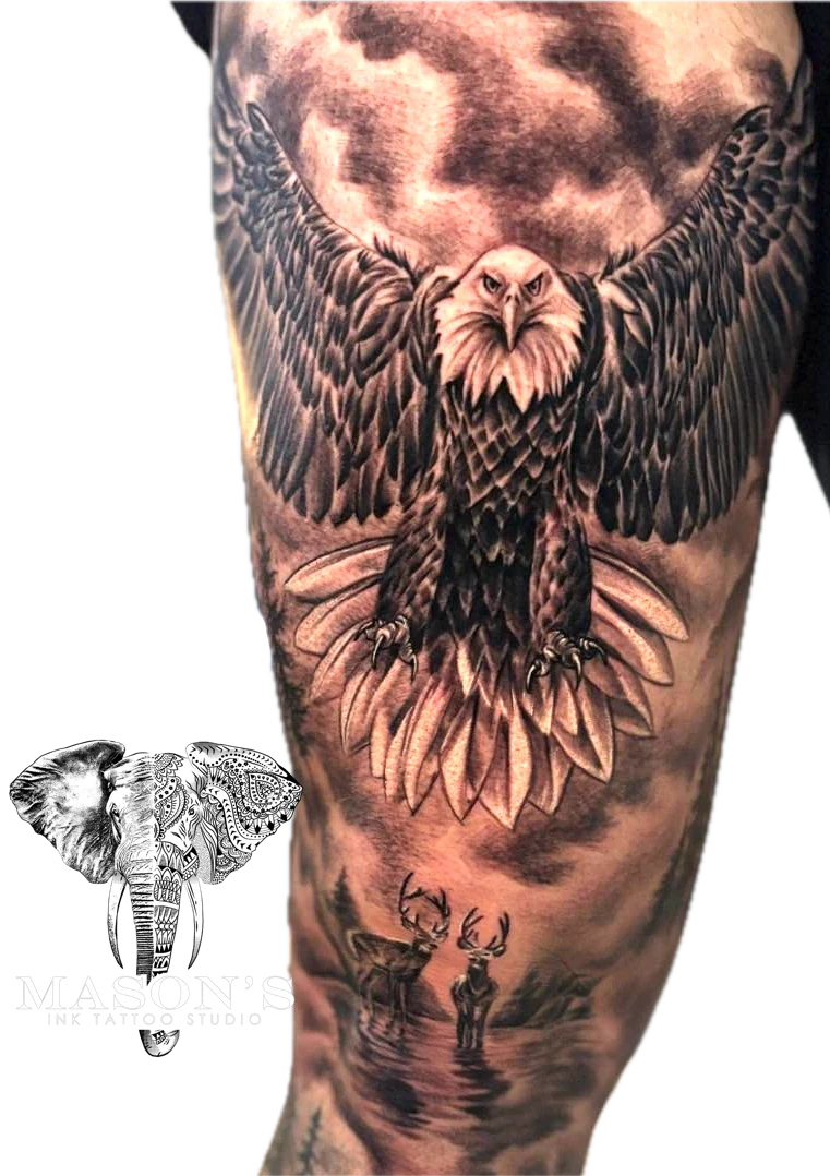 Black And Grey Realism Hawk tattoo by Mason's Ink Tattoo Studio, Bali