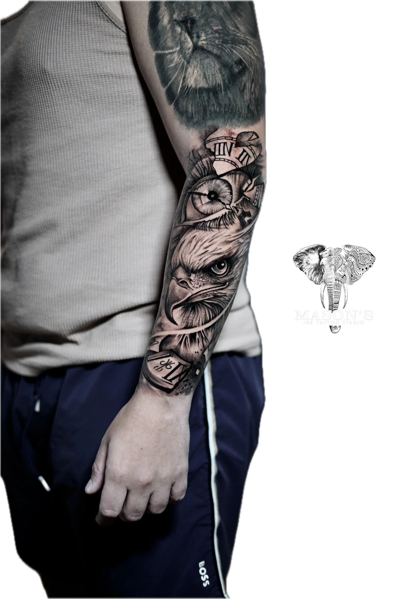 Black and Grey Bird Hawk and Antique Clock tattoo by Mason's Ink Tattoo Studio, Bali