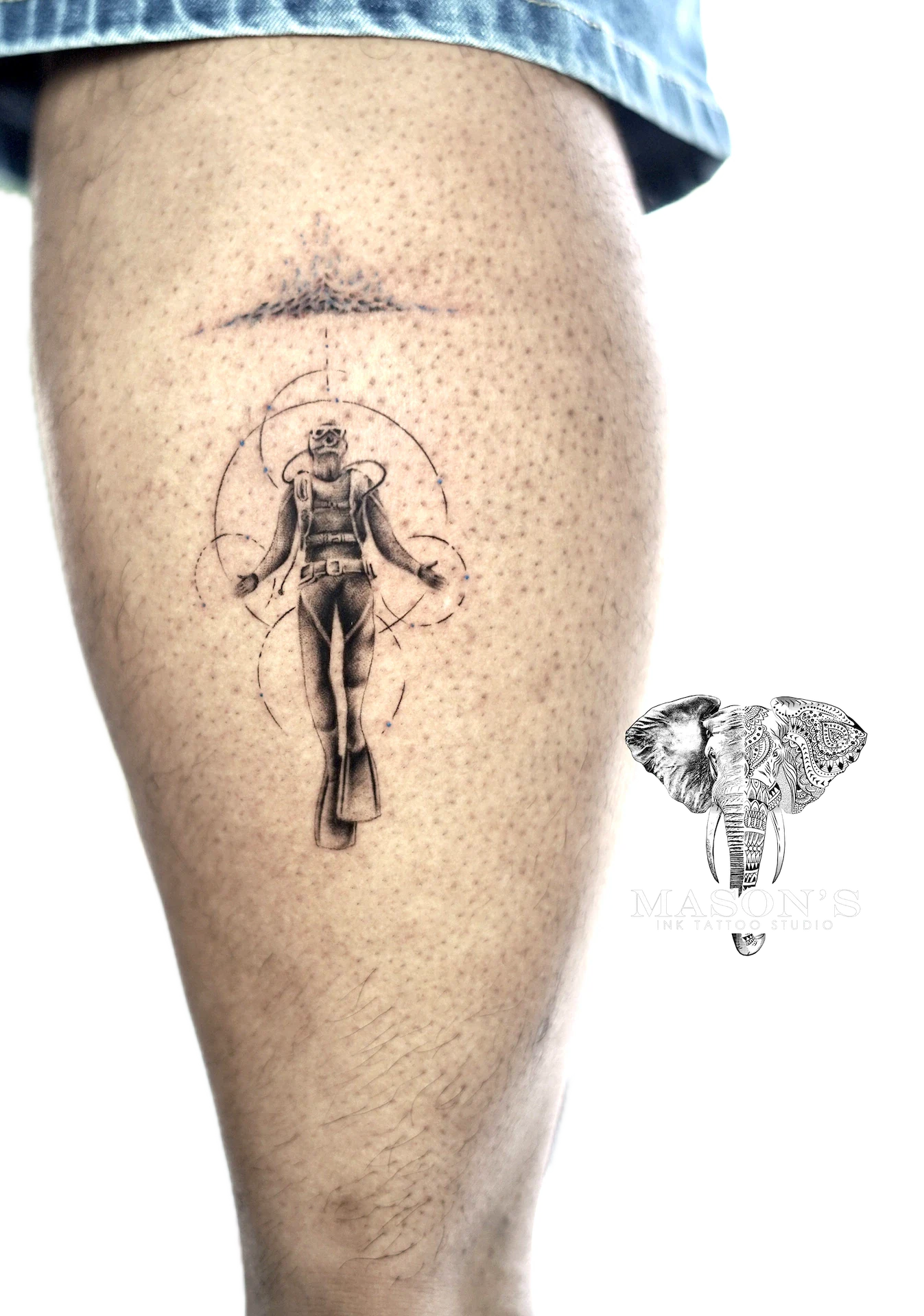 Black and Grey Deep Diving tattoo by Mason's Ink Tattoo Studio, Bali