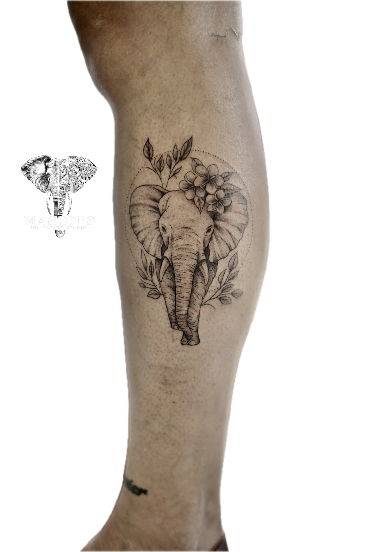 Black and Grey Flower Elephant tattoo by Mason's Ink Tattoo Studio, Bali