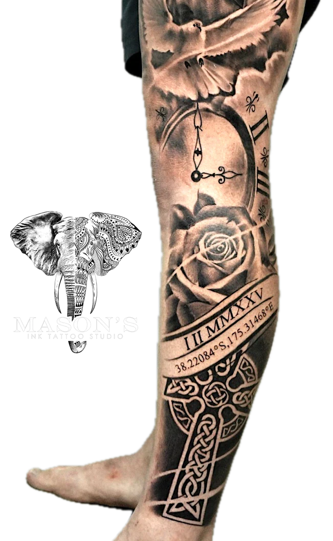 Black and Grey Full Leg TIme Clock, Bird and Latitude Longitude tattoo by Mason's Ink Tattoo Studio, Bali