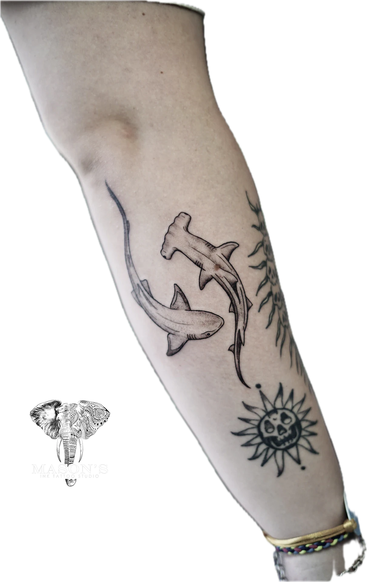 Black and Grey Hammer Shark tattoo by Mason's Ink Tattoo Studio, Bali