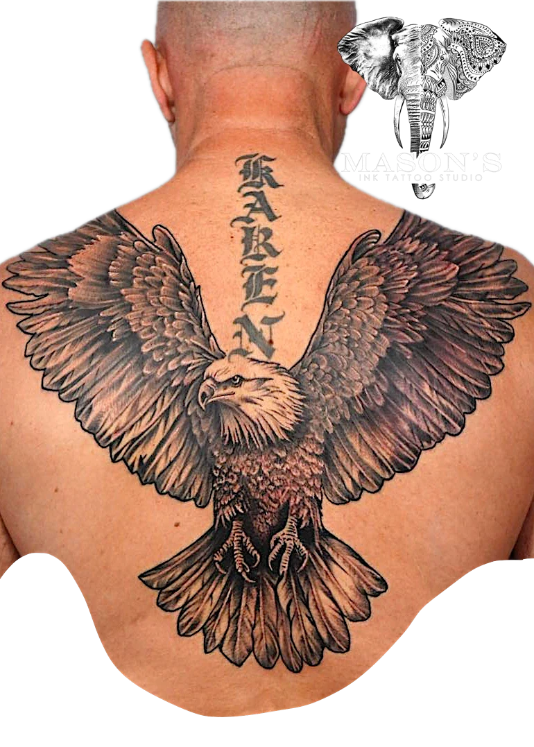 Black and Grey Hawk Realism tattoo by Mason's Ink Tattoo Studio, Bali