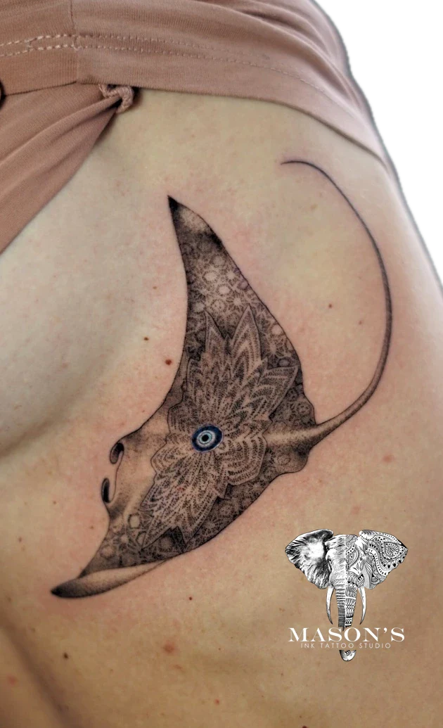 Black and Grey Manta Fish tattoo by Mason's Ink Tattoo Studio, Bali