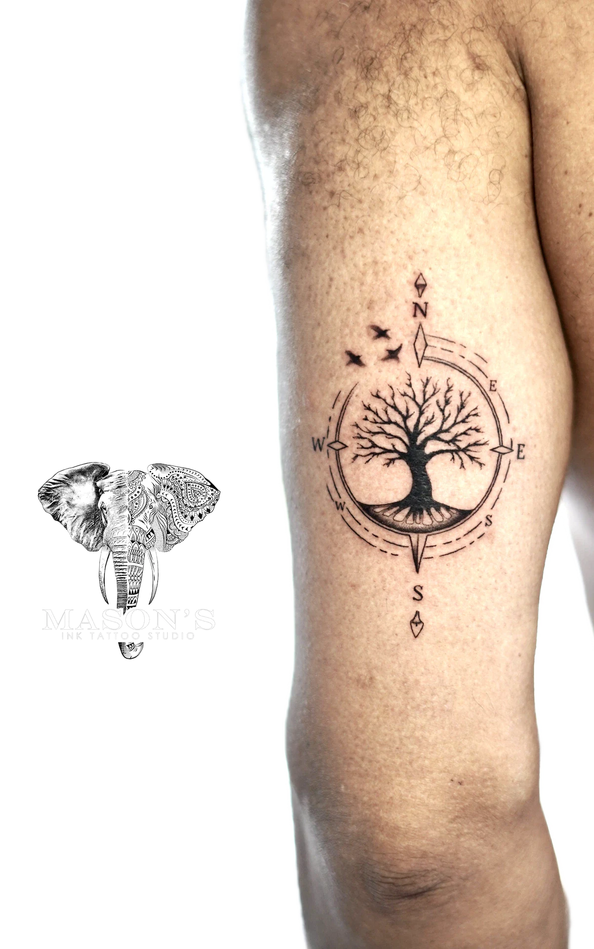 Black and Grey Geometric Tree Tattoo Design: a tree inside a compass with birds and a moon