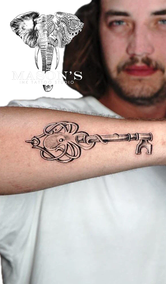 Black and Grey Octopus Key tattoo by Mason's Ink Tattoo Studio, Bali