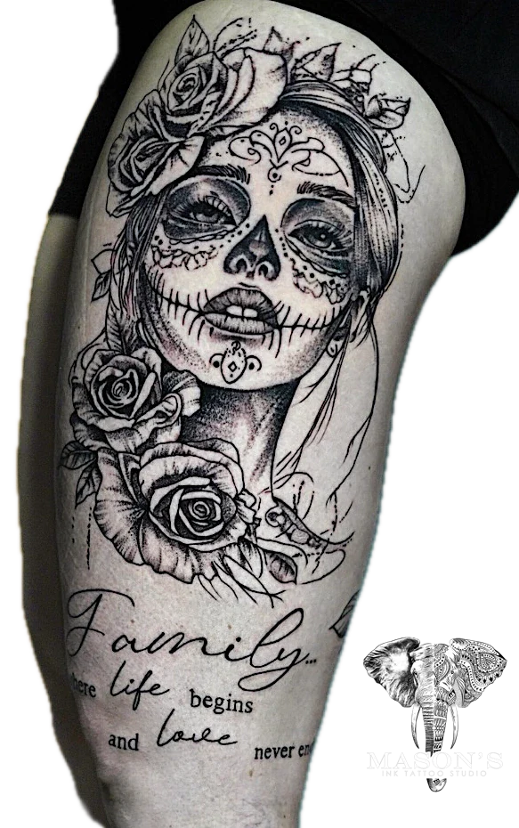Black and Grey Realism Calavera Catrina or sugar skull tattoo by Mason's Ink Tattoo Studio, Bali