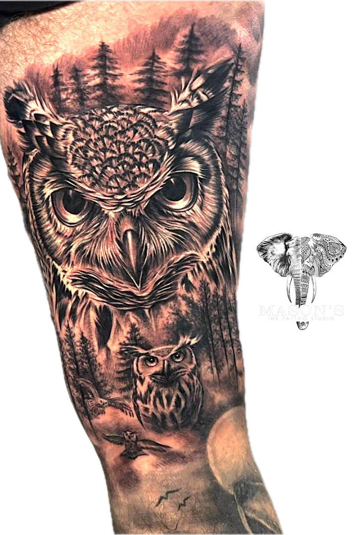 Black and Grey Realism Owl Forest tattoo by Mason's Ink Tattoo Studio, Bali