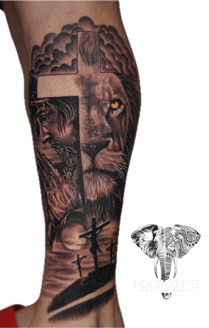 Black and Grey Tiger Cross Realism Jesus tattoo by Mason's Ink Tattoo Studio, Bali