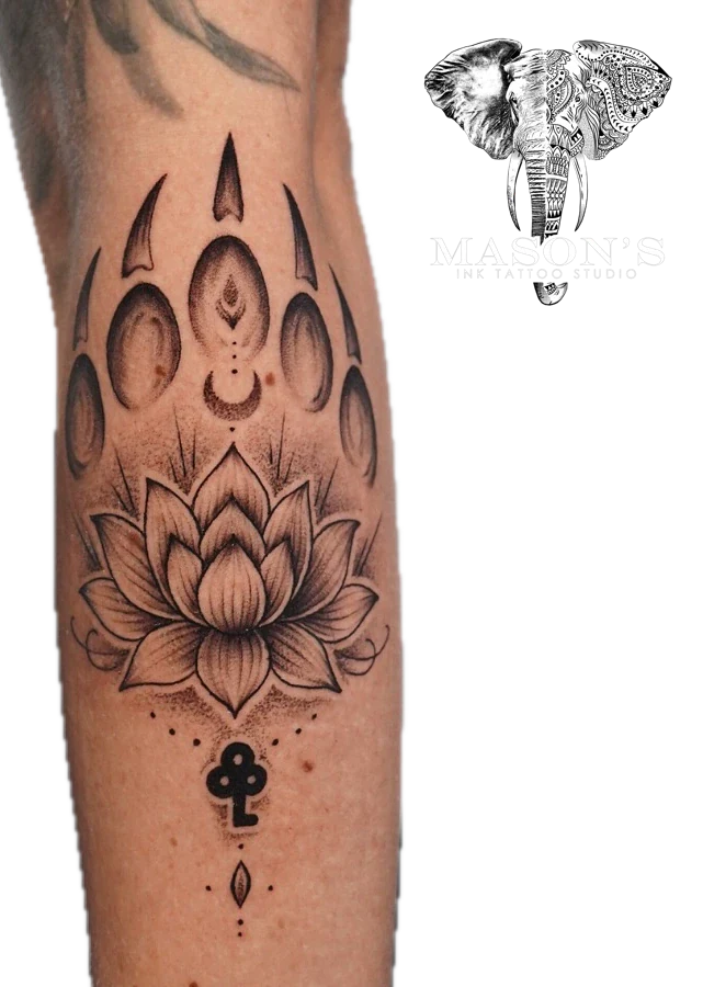 Floral and Black Grey Lotus and Bear Paw tattoo by Mason's Ink Tattoo Studio, Bali