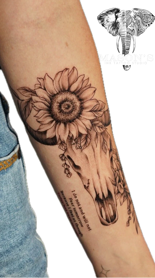 Flower and Animal Buffalo Skull tattoo by Mason's Ink Tattoo Studio, Bali
