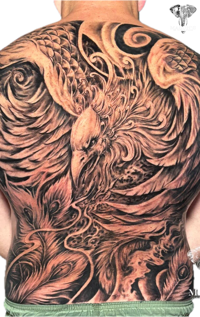 Full Back Phoenix Bird Realism tattoo by Mason's Ink Tattoo Studio, Bali
