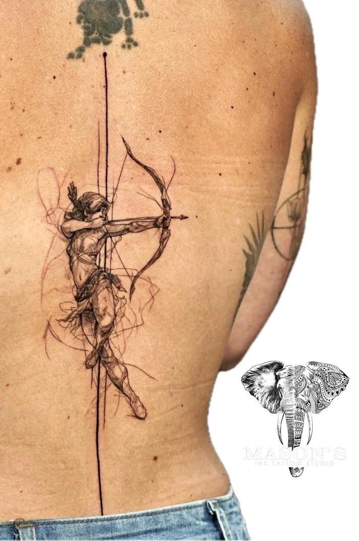 Geomertric Archery tattoo by Mason's Ink Tattoo Studio, Bali