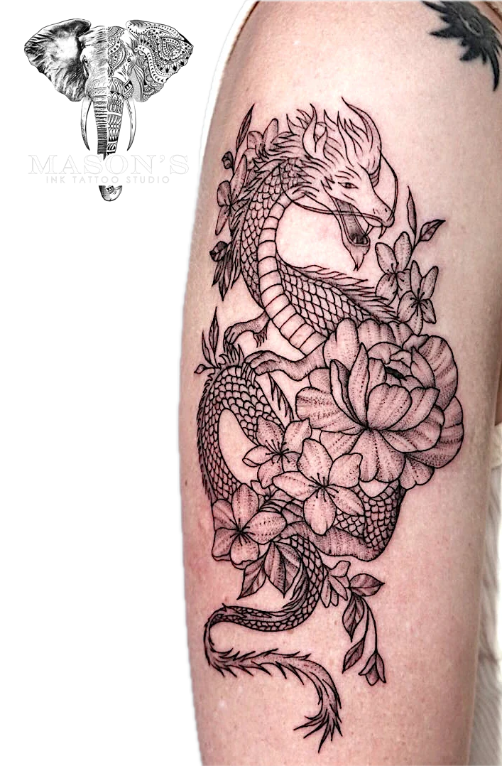 Japanese Dragon Sitzu with Beauty Flower tattoo by Mason's Ink Tattoo Studio, Bali