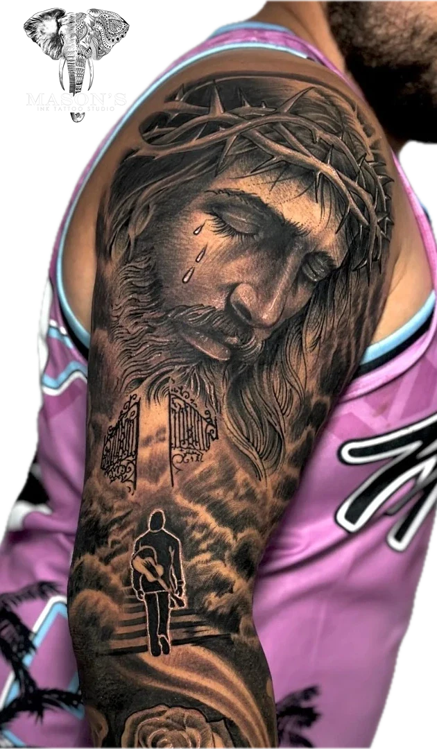 Jesus Heaven Realism Mythology Realistic tattoo by Mason's Ink Tattoo Studio, Bali