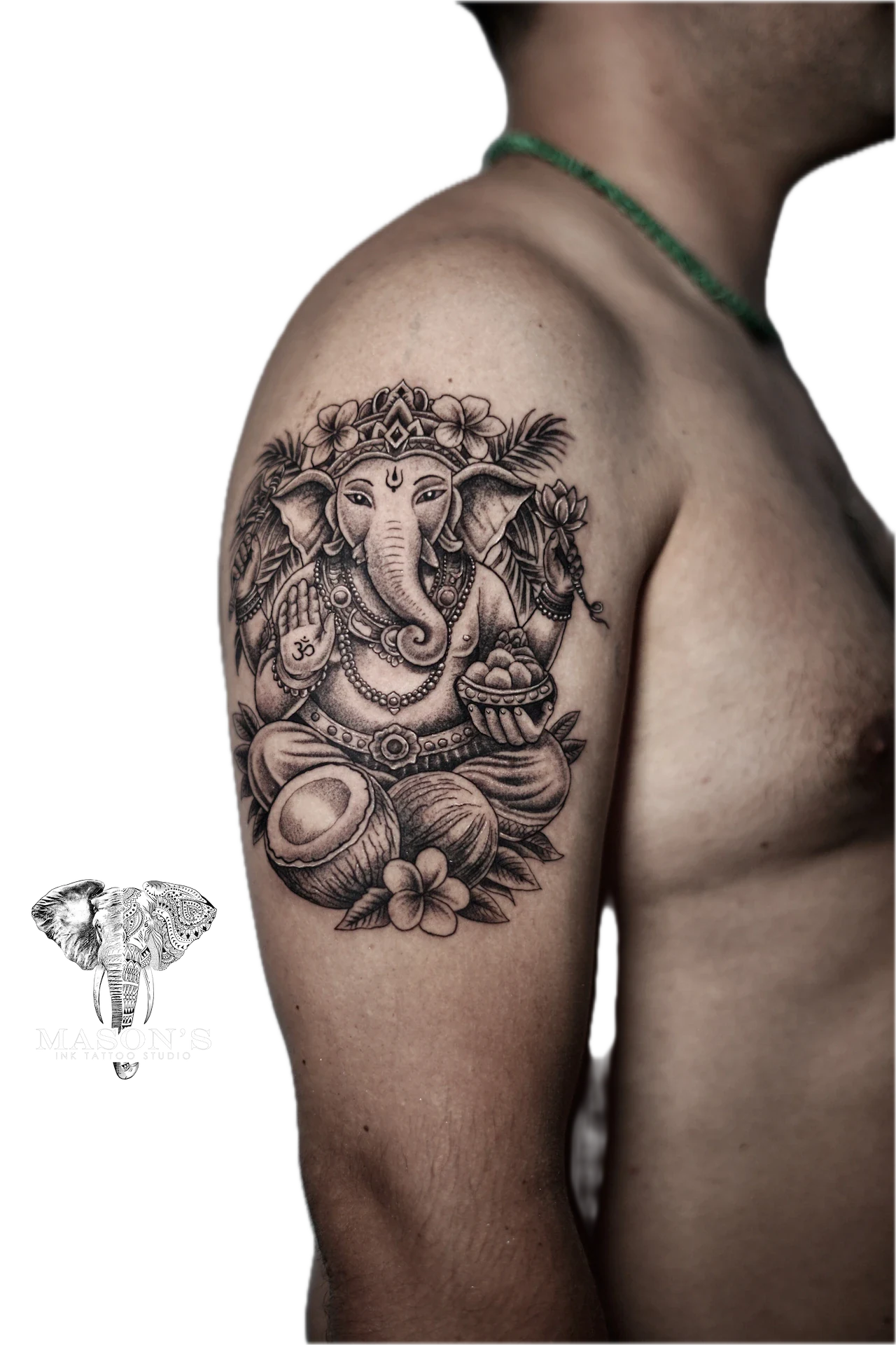 Lord Ganesha Mythology Realism tattoo by Mason's Ink Tattoo Studio, Bali