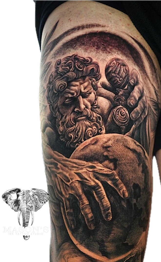 Mythology Realism God of the World tattoo by Mason's Ink Tattoo Studio, Bali