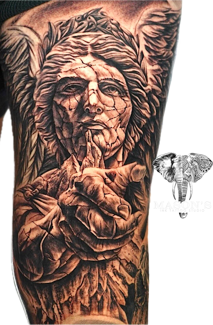 Mythology Realism Large Angel Stone tattoo by Mason's Ink Tattoo Studio, Bali