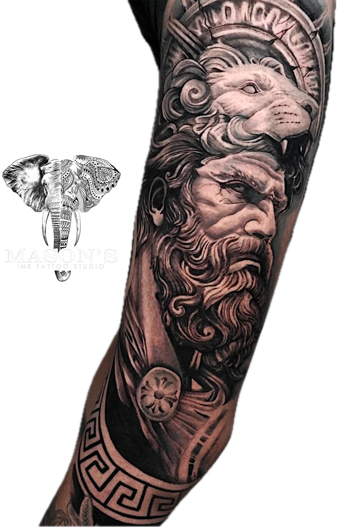 Mythology Realism Tiger and Zeus tattoo by Mason's Ink Tattoo Studio, Bali